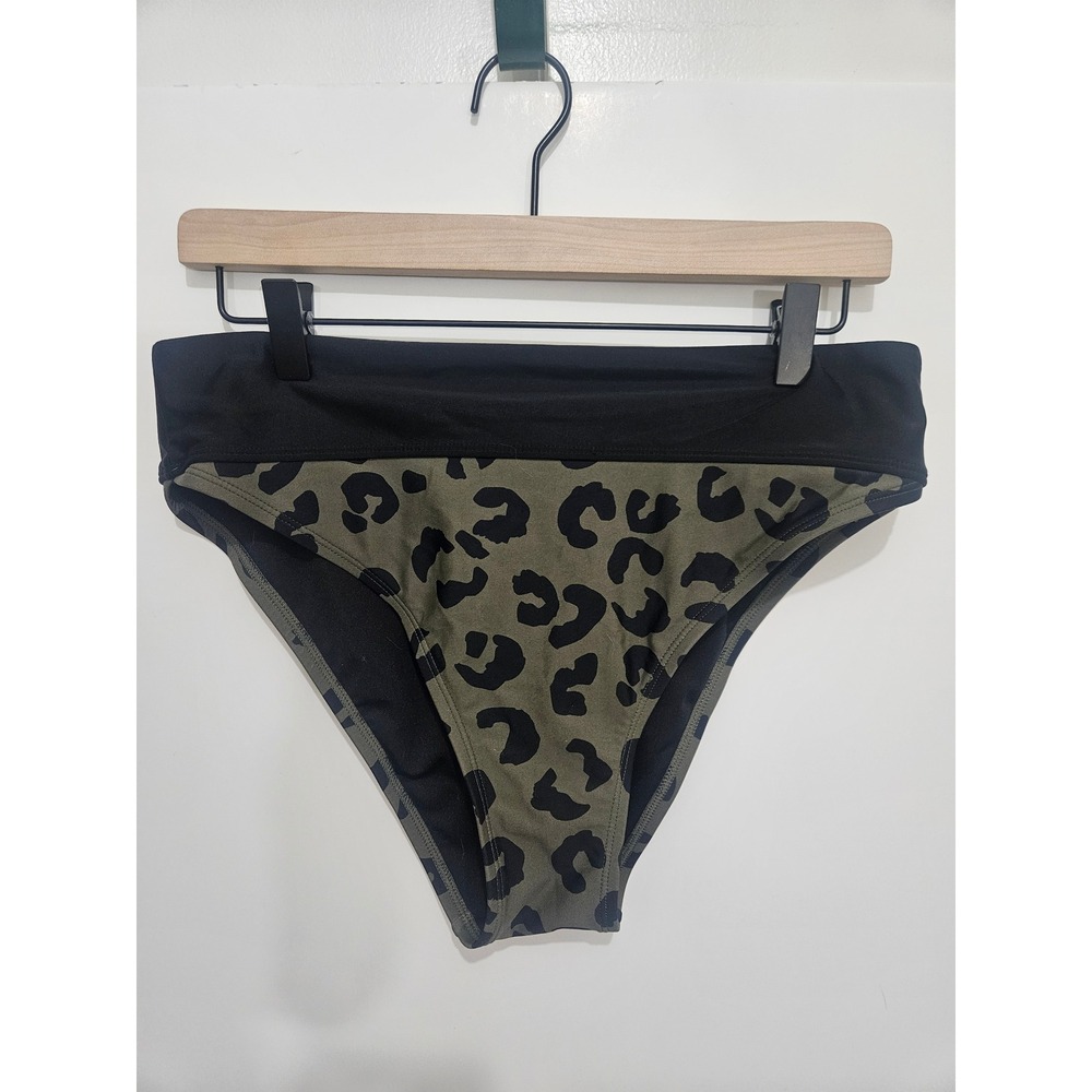 DKNY Womens High Waisted Bikini Bottoms Olive Green Leopard Print Black L